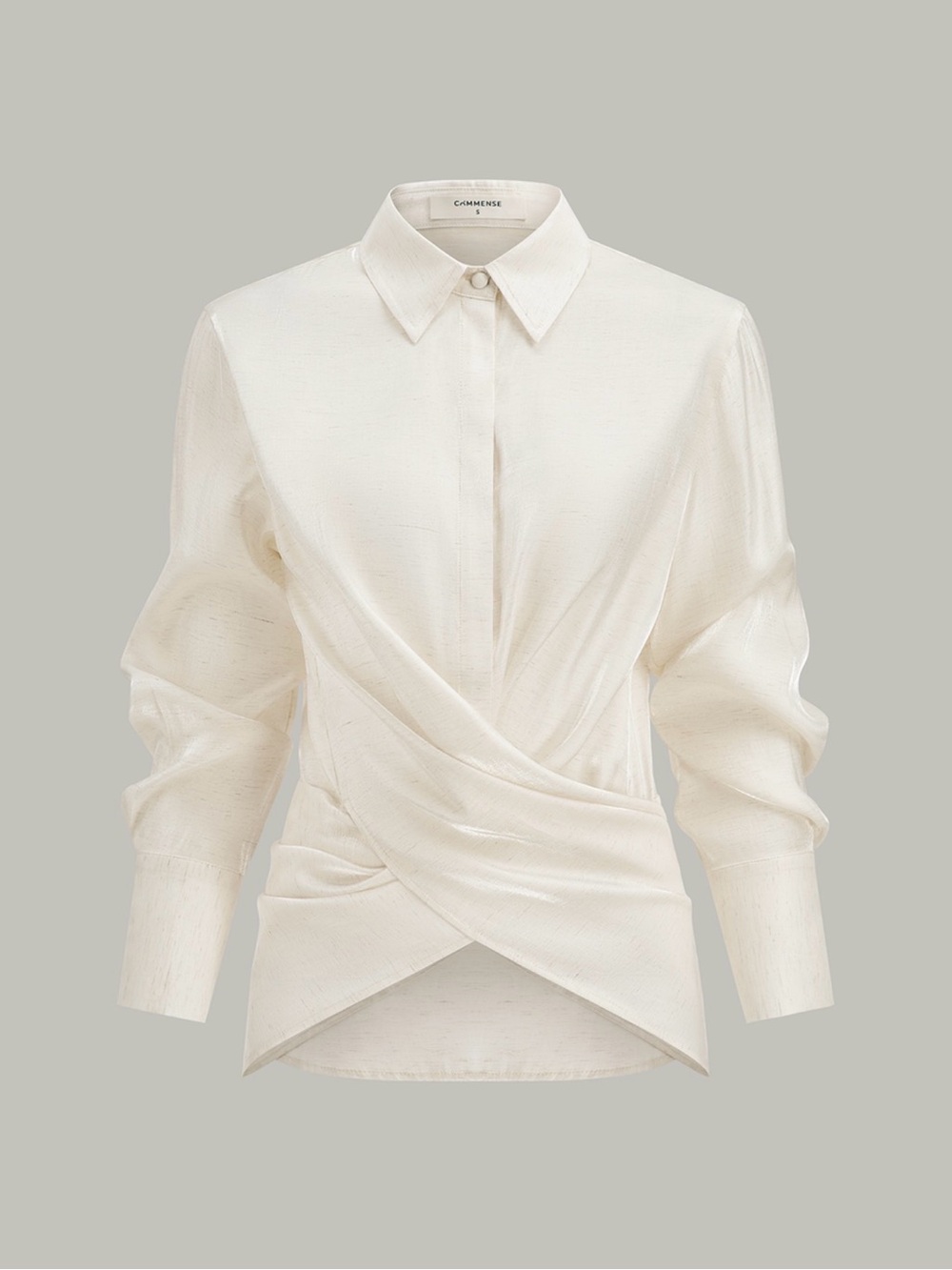 Commense Elegant Ivory Wrap-Front Shirt Collar Blouse. Linen blend